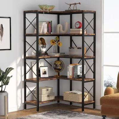Produktbild von Eck-Bücherregal 5 Ebenen Braun Metall Holz 167.5 cm Höhe