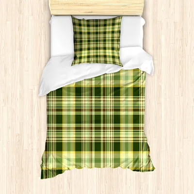 Produktbild von ABAKUHAUS olivgrün Bettbezug Set, Quilt-Muster-traditionelles schottisches Design kariert geometrisch, 135 x 200 cm + 80 x 80 cm, Dunkelgrün Gelb Braun
