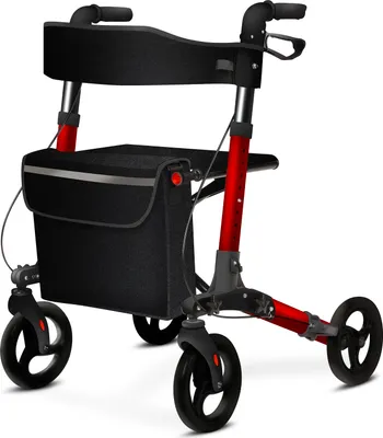 Produktbild von ELONEO Rollator faltbar und leicht mit Sitz, Leichtgewicht-Reiserollator aus Aluminium, Gehhilfe 8-fach höhenverstellbar, Laufhilfe 3-fach faltbar für Kofferraum, Tasche & Schirmhalter Rot