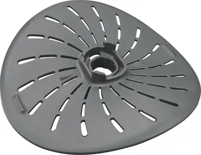 A gray plastic kitchen utensil with many slots, likely a food processor attachment.