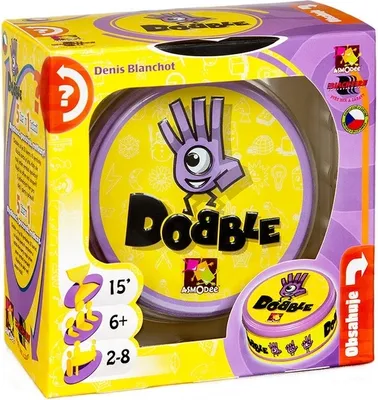 A product box for the game Dobble, showing the game's tin and some of its packaging.