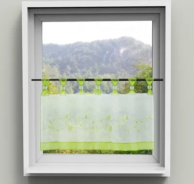 Produktbild von Scheibengardine Küchengardinen Kurzstore mit Schlaufen Voile Bistrogardinen mit Blumen-Stickerei Grün BxH 90x45 cm