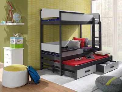 Obrázek produktu pro Dětská patrová postel pro tři 90x200 MEDEBACH - grafitová / šedá, pravé provedení