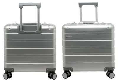 Produktbild von Businesstrolley Gravity, Reisekoffer mit Overnight Fach, rausnehmbare Fächermappe und TSA Schloss, Aluminium Rollkoffer, Trolleykoffer mit 4 Rollen, Koffer ca. 44 x 42 x 22,5 cm, Silber