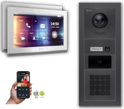 Produktbild von IP Türsprechanlage 2-Monitore Zahlencode RFID Anthrazit : Unterputzdose : 10 Zoll in Weiß : 4er POE