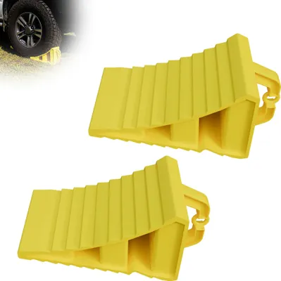Produktbild von XMTECH Unterlegkeile Anhänger 2er Set – Robuste, rutschfeste PP-Kunststoff Reifenstopper mit Griff für Auto, Wohnmobil & Caravan, Kunststoff-Keile für PKW, Anhänger & LKW, Gelb