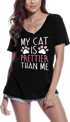 Produktbild von Damen Grafik T-Shirt V-Ausschnitt Meine Katze ist hübscher als ich – My Cat Is Prettier Than Me – Öko-Verantwortlich Vintage Jahrgang Kurzarm Lustige