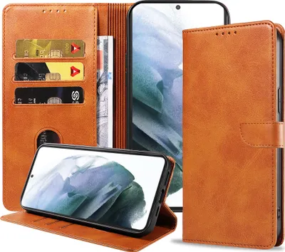 Produktbild von Geschikt voor Samsung  Galaxy S21 Plus Telefoonhoesje Kunstleer met Magnetisch lipje en Pasjeshouder  Book Case met Klepje - Bruin - Smartphonica