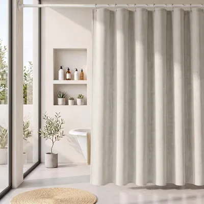 Produktbild von Textil Duschvorhang Wannenvorhang wasserabweisend Leinenoptik inkl. 12 Ringe 180x200cm Creme