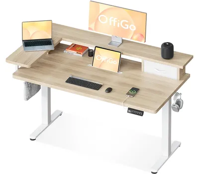 Höhenverstellbarer Schreibtisch mit USB, Schublade, 120x60 cm, Beige