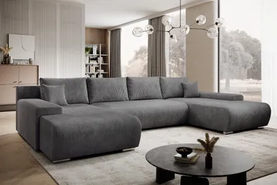 Produktbild von Moebelfest Credo Ecksofa U-Form, CORD - Stoff mit Schlaffunktion und Bettkasten, U-Form Couch Dunkel Grau