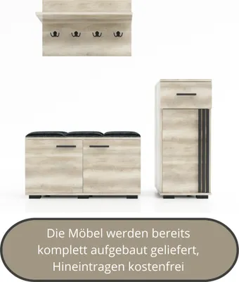 Produktbild von Garderobenset PIK-3, Flurgarderobe, Flurset, 4 Kleiderhaken, Schrank, Wandregal, Schuhschrank, fertig aufgebaut, Farbe: Trüffel Eiche