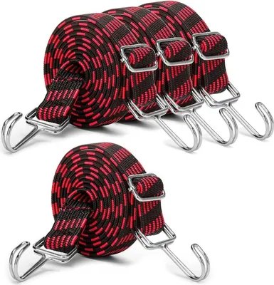 Produktbild von Verstellbarer Spanngurt mit Haken, 4er Set, 200 cm lang, Gummispannseile, flacher Spanngurt mit Metallhaken, extra starker Gepäckgurt, Gummikordel, breites elastisches Band für Fahrrad, Motorrad, Camping