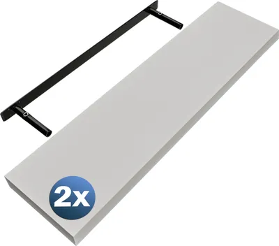 A white shelf and a black bracket are shown against a white background. A blue circle with '2x' in white text is overlaid on the shelf.