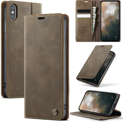 Immagine prodotto di Custodia in pelle per iPhone XS Max, protezione RFID, chiusura magnetica, slot per carte e funzione stand Marrone