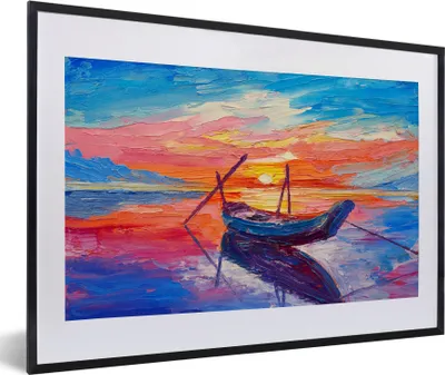Produktbild von MuchoWow® Gerahmtes Poster Malerei - Boot - Ölfarbe - Wasser 60x40 cm - Poster mit Schwarzem Bilderrahmen Wandposter Rahmen Foto Bilder - Schlafzimmer - Plakat in Rahmen - Drucken