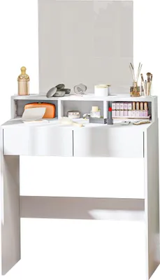Produktbild von HOMCOM Schminktisch mit Spiegel, Kosmetiktisch mit 2 Schubladen und 3 Fächern, modernes Design, fürs Schlafzimmer, 75 x 38 x 135 cm, Weiß