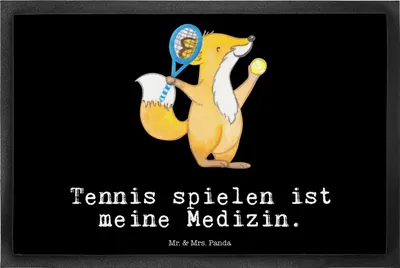 Produktbild von Mr. & Mrs. Panda Bodenvorleger Fuchs Tennis spielen 40 x 60 cm - Schwarz - Geschenk, Fussmatte, Ballsportart, Schmutzfangmatte, Tennisverein, Fußabtreter, Tennisclub
