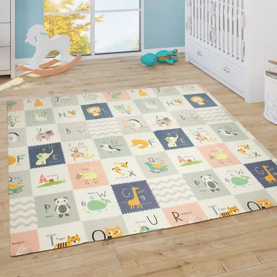 Produktbild von Spielmatte Krabbelmatte Baby Matte Faltbar Abwischbar Wendbar Tiere Creme Blau Gelb Grösse 180x200 cm