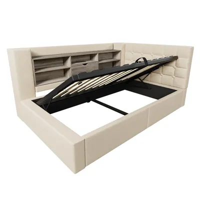 Produktbild von Flieks Hydraulisches Schlafsofa 90x190cm mit Stauraum, Polsterbett mit USB, Jugendbett mit Led und offenen Staufächern, Einzelbett Leinen, Beige