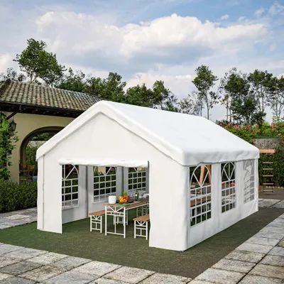 Imagen del producto de AIORBER: Garaje portátil para coche, 4x6 metros, tipo cobertizo, resistente a la intemperie, con puertas enrollables delanteras y traseras, techo desmontable, paredes laterales ventiladas, color blanco