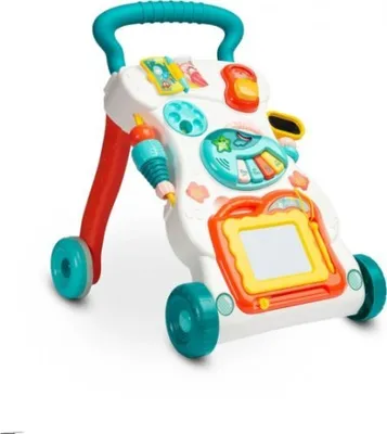 A baby walker with various interactive toys and activities.