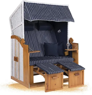 Produktbild von Strandkorb Hanse Ostsee XXL Strandkorb Volllieger 2 Sitzer zerlegt - 120cm breit - Blau Weiß Gestreift, ideal für Garten, Terrasse oder Balkon