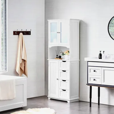 Produktbild von Badezimmerschrank Hochschrank Badschrank Küchenschrank mit Glastüren & Ablagefach Aufbewahrungsschrank Badkommode mit 4 Schubladen und verstellbarem Einlegeboden, 63x30x165,5 cm