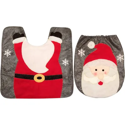 Two Christmas-themed toilet seat covers, one shaped like Santa's suit and the other featuring Santa's face.