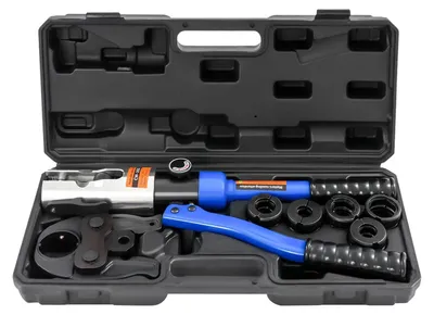 Zdjęcie produktu dla Hydrauliczne szczypce do zaciskania – ręczne narzędzie do zaciskania – siła zaciskania 10 t – skok 20 mm – głowica obracana o 360° – do rur miedzianych – kolor niebieski