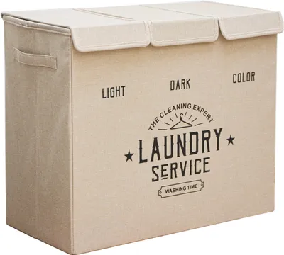 A beige laundry basket with three compartments and a lid, featuring text and graphics related to laundry services.