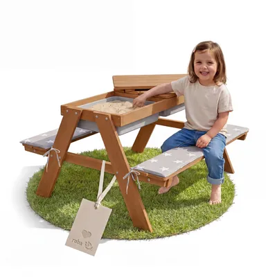 Obrázek produktu pro roba dětská sedací souprava Outdoor+ s hracími vanami a sedacími polštáři, odolná proti povětrnostním vlivům, masivní dřevo, blátivý stůl
