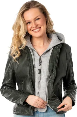 Produktbild von Mauritius - Damen Lederjacke Lammnappa Kapuze dark olive : M