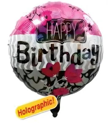 Image de Ballon holographique Happy Birthday rose, blanc, noir, env. 45 cm