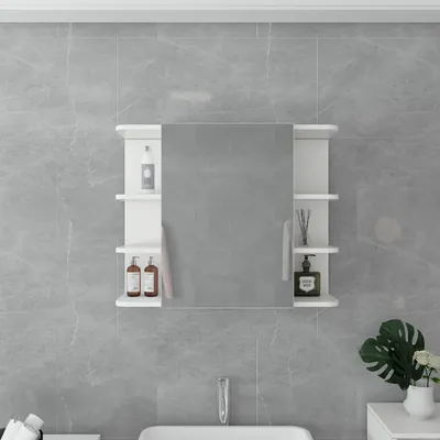 A bathroom cabinet with a mirror and shelves, mounted on a tiled wall.