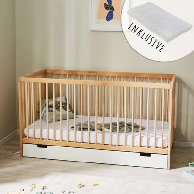Image de Lit bébé lit d'enfant lit à barreaux 60x120 cm avec matelas et tiroir réglable en hauteur & barreaux amovibles | Bois de hêtre naturel  Europe