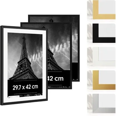 Produktbild von Unyqoos® Set 3 schwarze Bilderrahmen A3 (29,7 × 42 cm) – Kunststoffrahmen mit unzerbrechlichem Acrylglas, verstärkte Rückwand, Wand- & Tischaufstellung