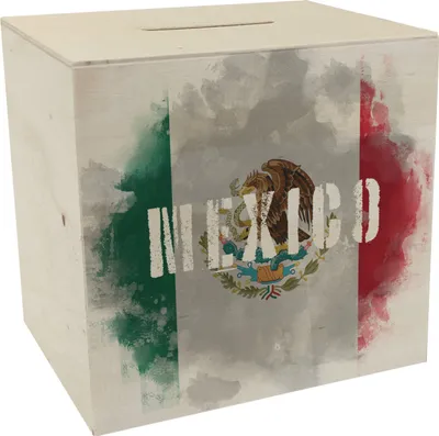 Produktbild von Spardose aus Holz mit Mexiko-Flagge im Used Look - Sparschwein für Urlauber