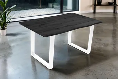 Produktbild von Esstisch Josy | 160 x 85 cm | Holz-Optik in Grau | U-Gestell Metall weiß | 40 mm Tischplatte mit Baumkante | Tisch für Esszimmer & Küche