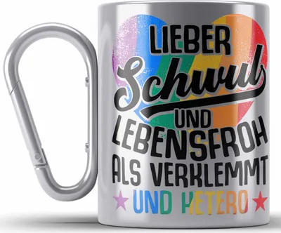 Produktbild von Trendation - LGBT Edelstahl Tasse Karabiner Geschenk für Schwule Lesben Transgender Regenbogen Lustige Grafik Regenbogen LIeber Schwul Und Hetero Als Verklemmt und Hetero (Silber)