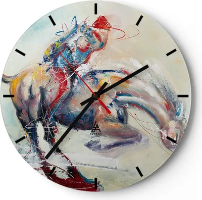 Produktbild von Wanduhr - Rund - Glasuhr - Pferd Abstraktion - 40x40cm - Schleichendes Uhrwerk - Lautlos - zum Aufhängen bereit - Dekoration Modern - Wanddekoration aus Glas - C3AR40x40-3446
