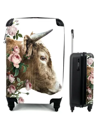 Produktbild von MuchoWow® Koffer Handgepäck Trolley Rollkoffer Kleine Reisekoffer mit 4 Rollen - Schottischer Highlander - Kuh - Blumen - Cabin Size < 55x40x23 cm & 55x40x20 cm - Fotokoffer - Kabinenkoffer - Boardgepäck - Reise-Box - Reisekoffer - Reisegepäck - Koffer mit Bild - Trolley für Kinder