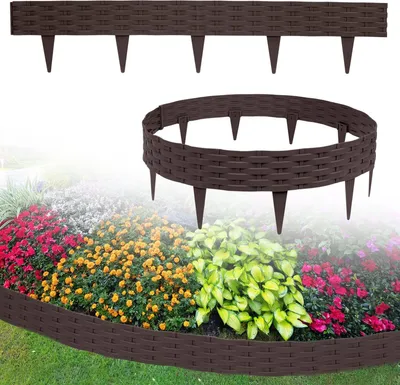 Produktbild von Sessamen-LP Rasenkante Kunstoff 10m Beeteinfassung Gartenzaun Beetumrandungen Rattan-Optik Randsteine Palisaden Garten Dekorativ Border Blumenbeet Gartenpalisade, Braun