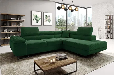 Produktbild von Avatar Kord Ecksofa in L-Form 277 x 73 x 203 cm mit Schlaffunktion und Bettzeugbehälter - Schlafsofa mit Bettkasten - Eckcouch mit Stauraum - Rechts - Farbe: Kord Flaschengrün