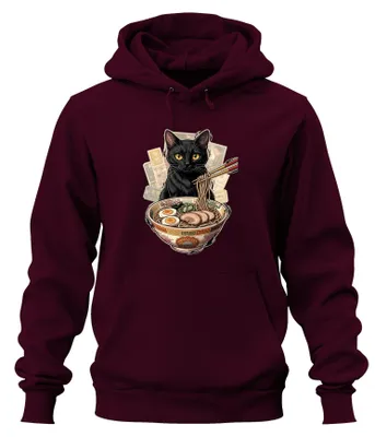 Immagine prodotto di Felpa con cappuccio a tema "Schwarze Katze Ramen", con immagini di noodles giapponesi, stile anime, kawaii e manga, colore bordeaux, taglia S
