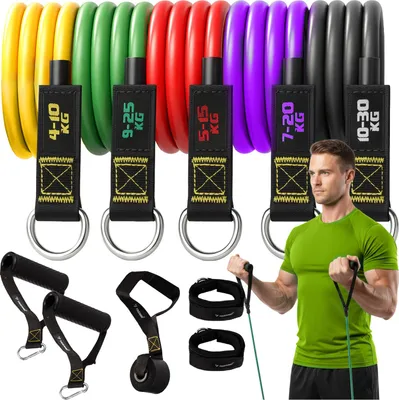 Image de Set de bandes de résistance TRIZAND 5 pièces Bandes de fitness extra longues avec poignées, ancres de porte & sangles de cheville 4-30 kg par bande, combinées jusqu'à environ 100 kg