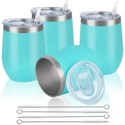 Immagine prodotto di Bicchieri da vino in acciaio inossidabile, senza gambo, con coperchio, confezione da 4, colore blu ghiaccio, capacità 12 once, a doppia parete, isolamento sottovuoto