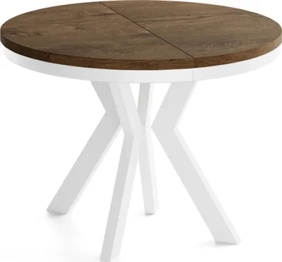 Produktbild von Runder Esstisch Ausziehbar 100-300 cm XXL Groß – Verlängerbar, für 5-14 Personen mit Weißen Holzbeinen & Metallring – Tisch für Wohnzimmer & Esszimmer in Eiche Braun Rustikal