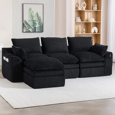 Produktbild von MODFU 3-Sitzer Sofa,Modulares Sofa mit 1 Hockern,Big Sofa mit Kissen & 2 Seitentaschen,Cord,Schwarz