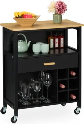 Image de Chariot de cuisine Relaxdays, casier à vin 6 bouteilles, tiroir, 2 compartiments, 80 x 65 x 35 cm, plan de travail en bambou, MDF, noir/naturel